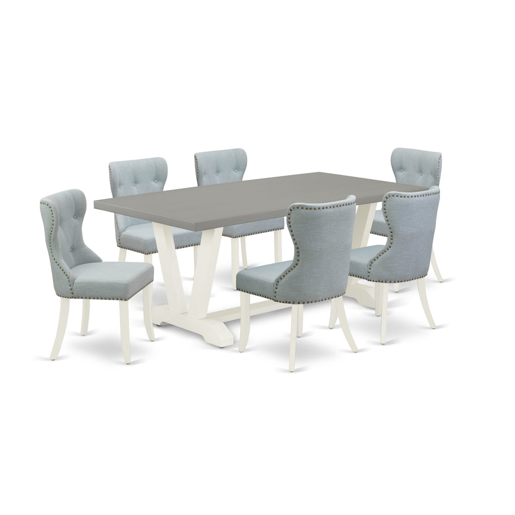 East West Furniture V097SI215-7 7 Piece Dining Table Set Consist of a Rectangle Kitchen Table with V-Legs and 6 Baby Blue Linen Fabric Parson Dining Room Chairs, 40x72 Inch, Multi-Color