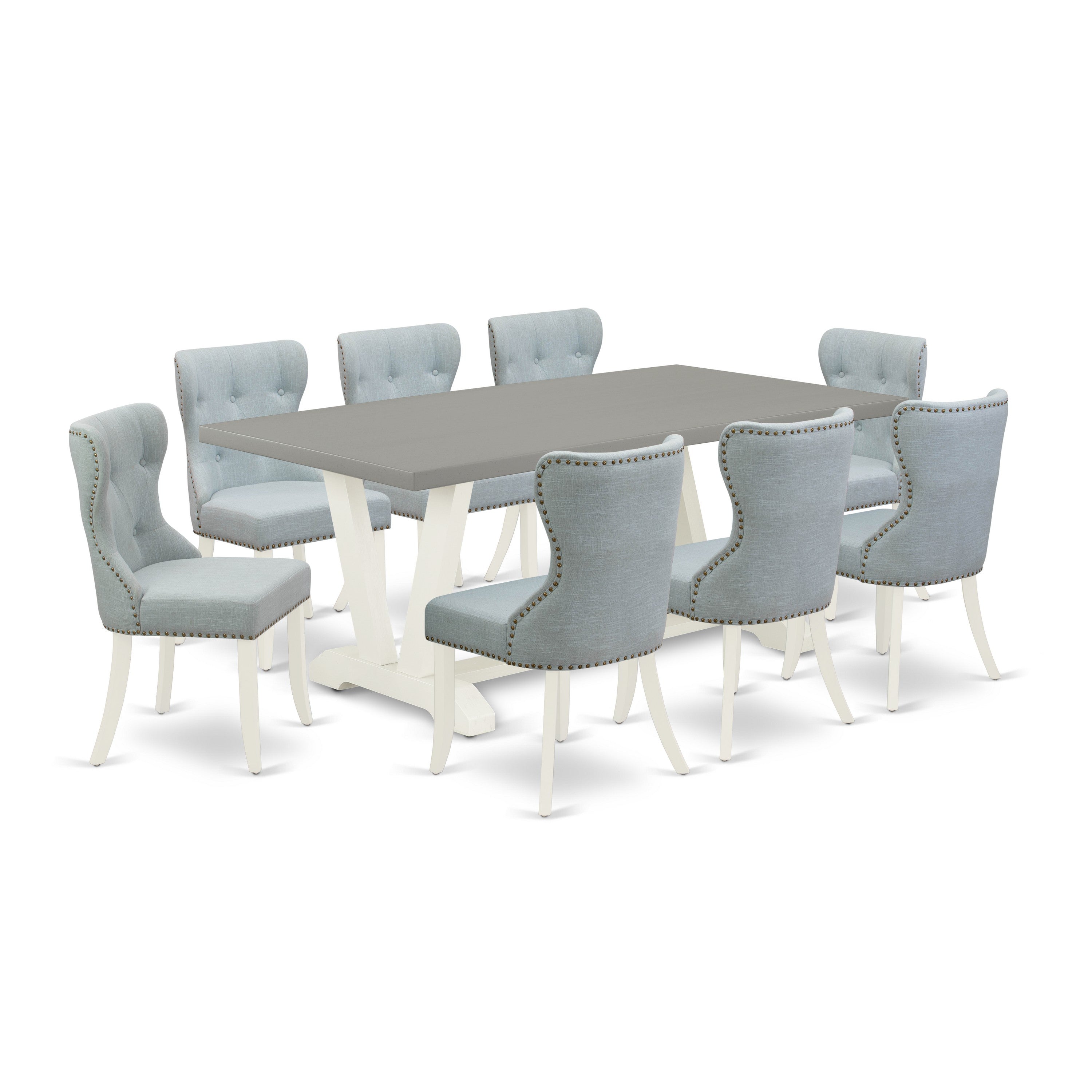 Juego de comedor East West Furniture V097SI215-9 de 9 piezas. Incluye una mesa de cocina rectangular con patas en V y 8 sillas de comedor Parsons de tela de lino azul bebé.