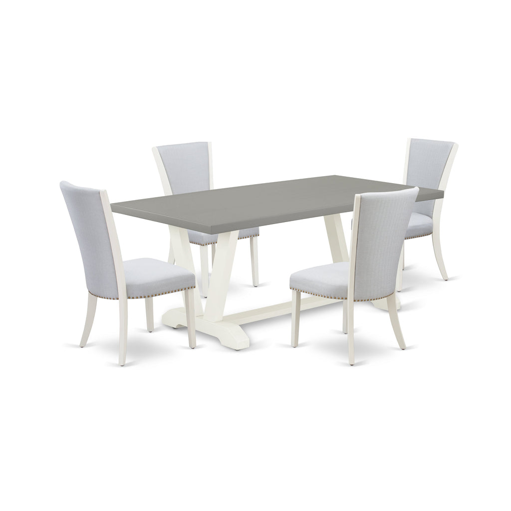 Juego de mesa de cocina de 5 piezas East West Furniture V097VE005-5 para 4 personas. Incluye una mesa de comedor rectangular con patas en V y 4 sillas de comedor Parsons de tela de lino gris.