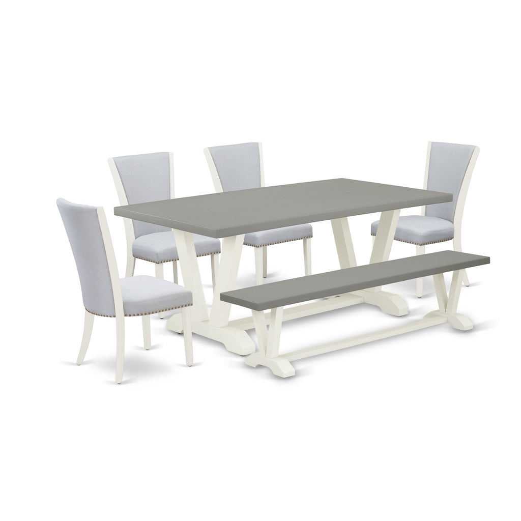 Juego de mesa de cocina de 6 piezas East West Furniture V097VE005-6. Contiene una mesa de comedor rectangular con patas en V y 4 sillas tapizadas en tela de lino gris con un banco.