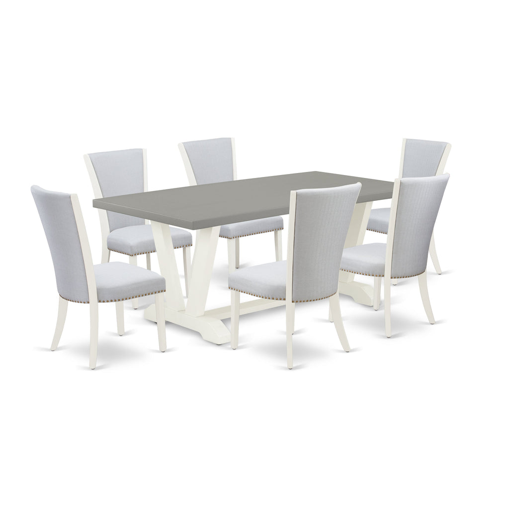 East West Furniture V097VE005-7 7 Piece Modern Dining Table Set Consist of a Rectangle Wooden Table with V-Legs and 6 Grey Linen Fabric Parson Dining Chairs
