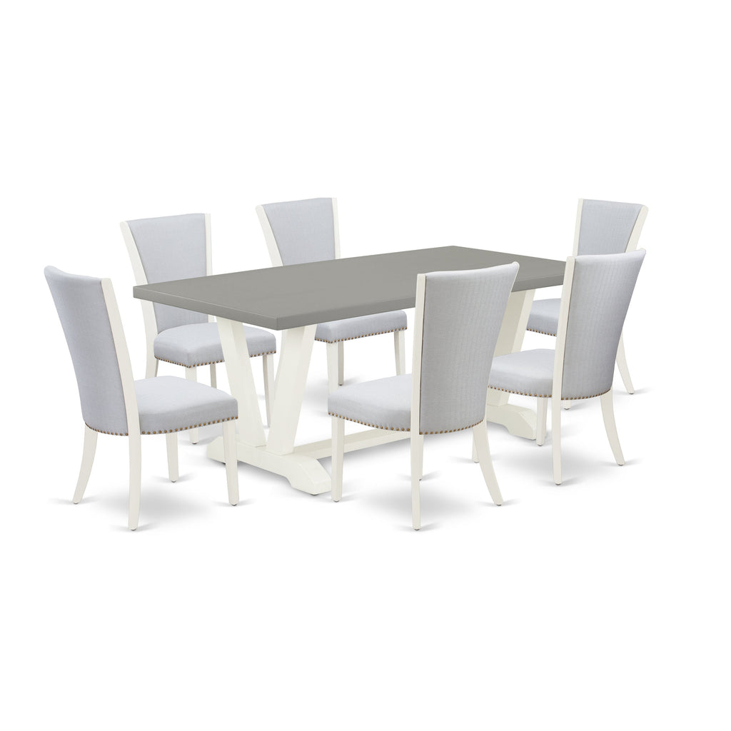 East West Furniture V097VE005-7 7 Piece Modern Dining Table Set Consist of a Rectangle Wooden Table with V-Legs and 6 Grey Linen Fabric Parson Dining Chairs, 40x72 Inch, Multi-Color