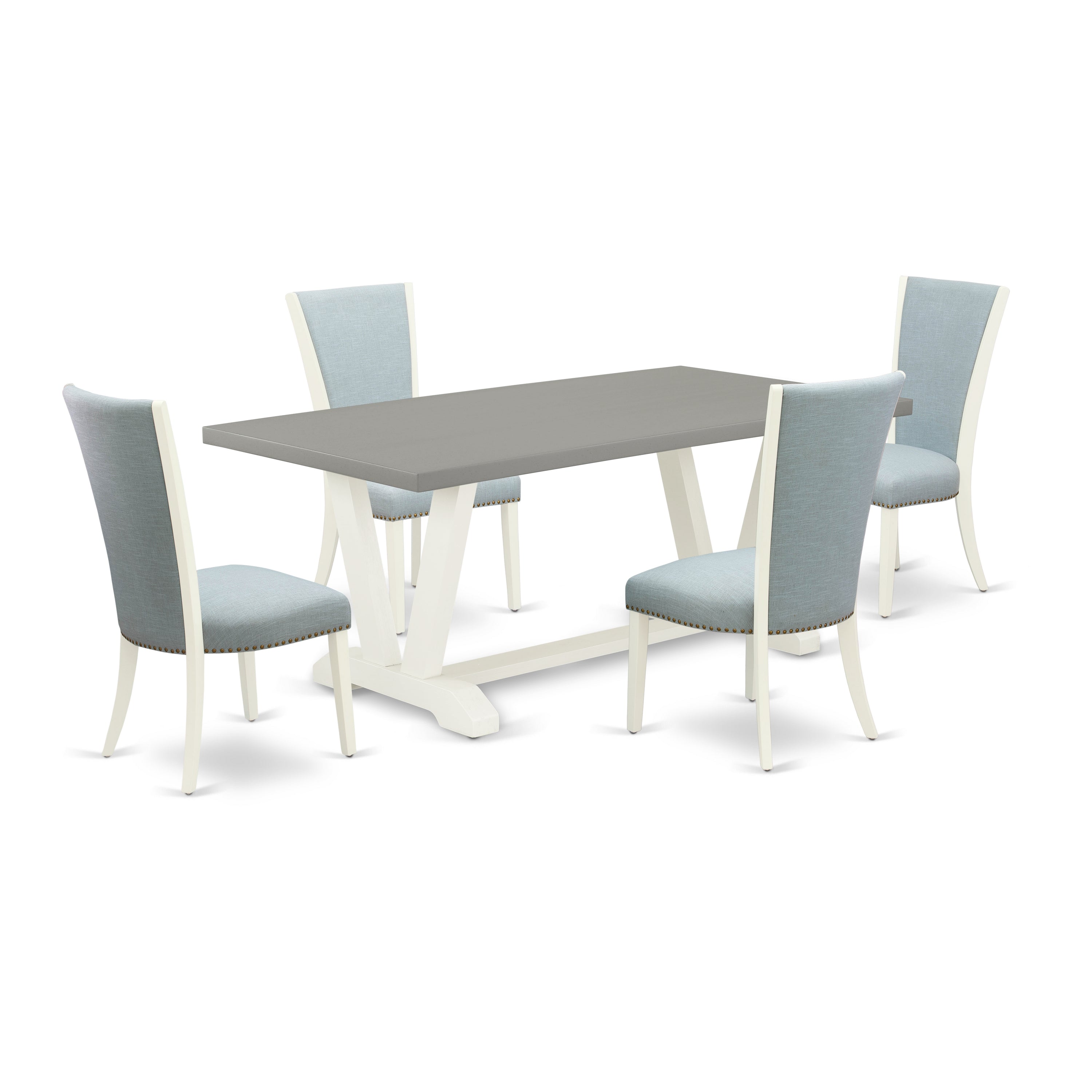 East West Furniture V097VE215-5 5 Piece Dining Room Set - 4 Baby Blue Linen Fabric Upholstered Dining Chairs with Nailheads and Cement Wooden Dining Table - linen white Finish