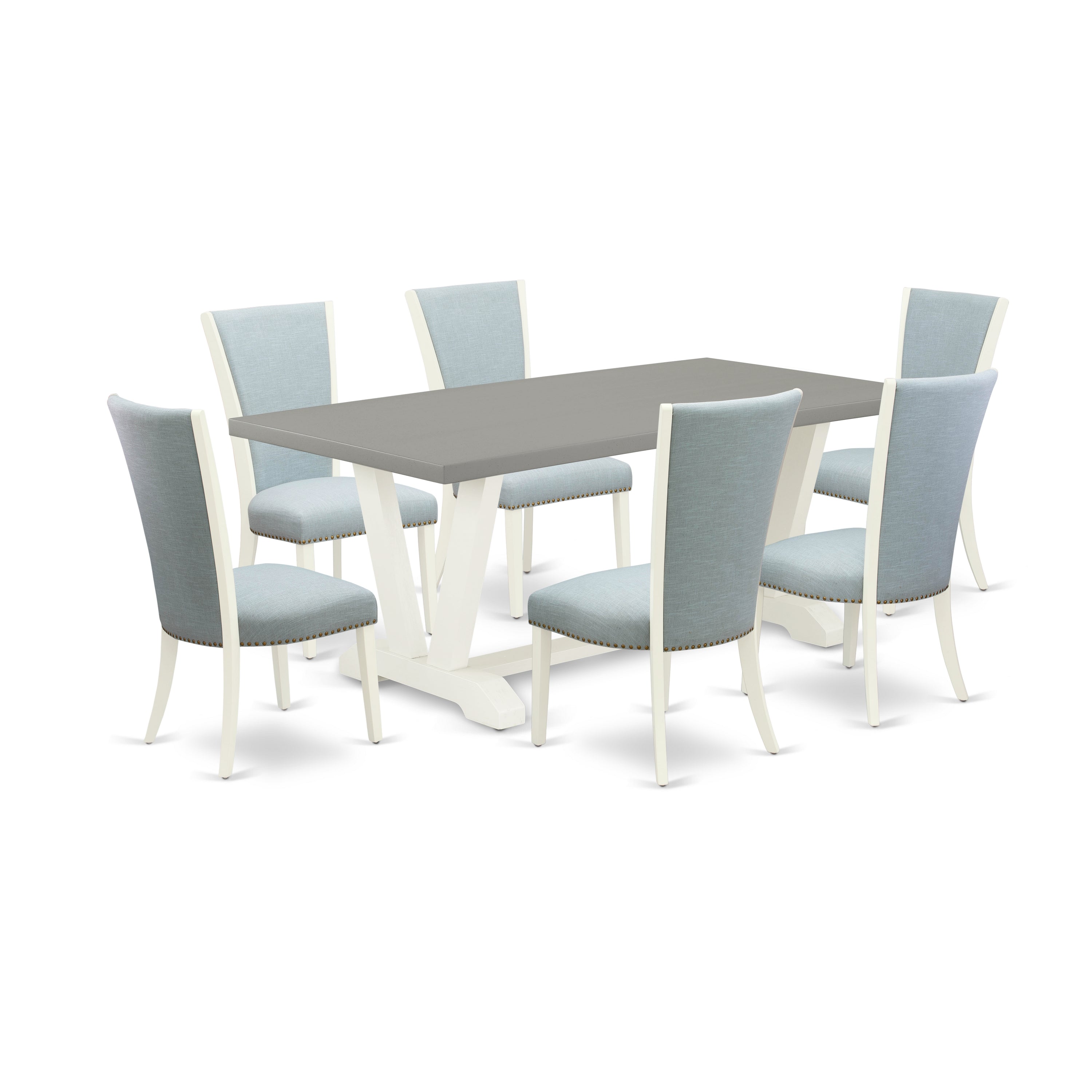 East West Furniture V097VE215-7 7 Piece Modern Dining Table Set - 6 Baby Blue Linen Fabric Parson Chairs with Nail Heads and Cement Wood Dining Table - linen white Finish