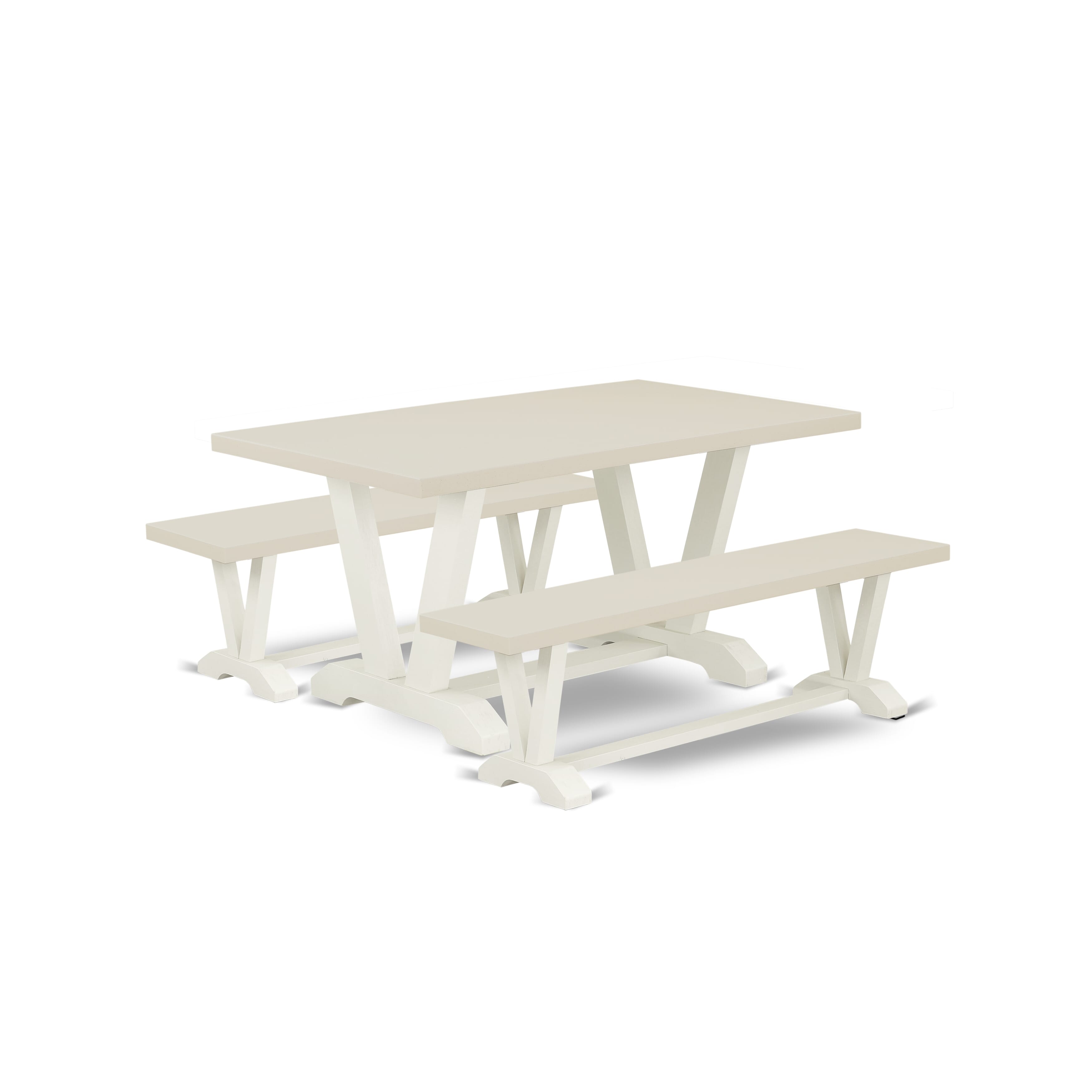 Juego de comedor de 3 piezas East West Furniture V2-026. Contiene una mesa de comedor rectangular con patas en V y 2 bancos de cocina.