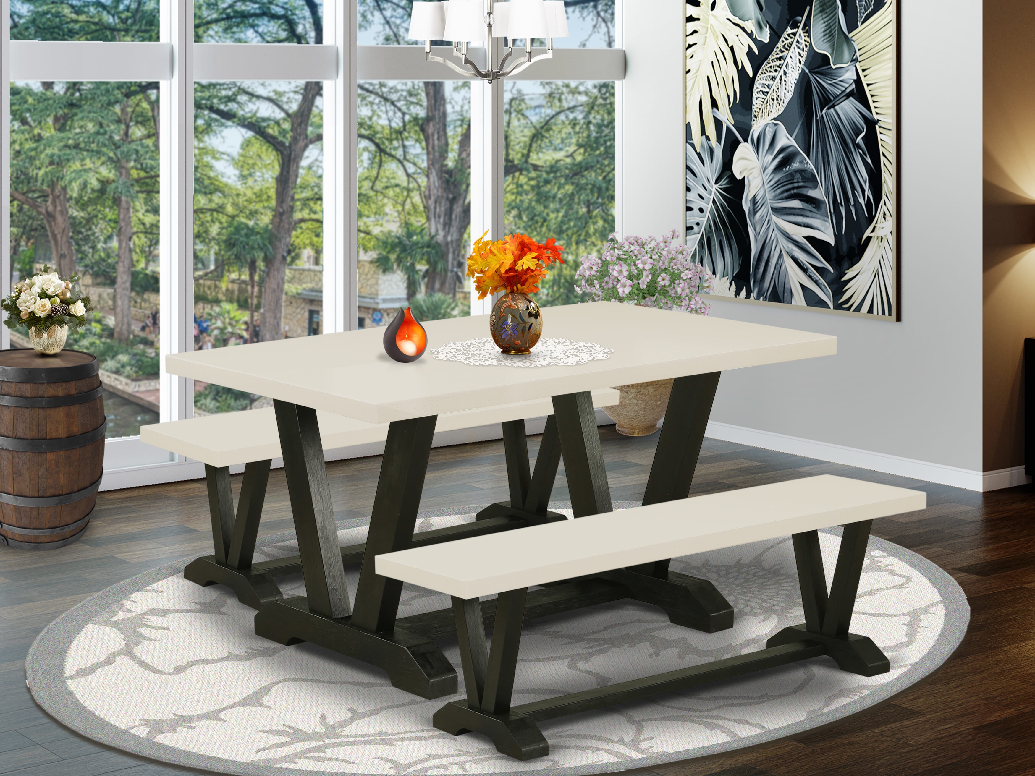 East West Furniture V2-626 3 Piece Dining Room Set - 1 Wood Dining Table and 2 Wood Benches - Stable and Durable Construction - linen white Table top and Wire Brushed Black base Finish