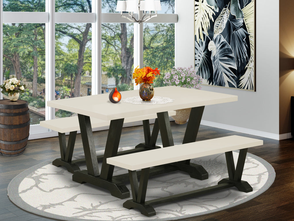 East West Furniture V2-626 3 Piece Kitchen Table & Chairs Set Contains a Rectangle Dining Room Table with V-Legs and 2 Dining Bench