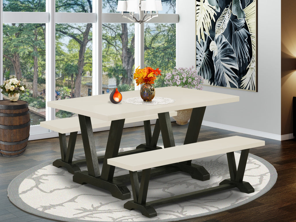 East West Furniture V2-626 3 Piece Kitchen Table & Chairs Set Contains a Rectangle Dining Room Table with V-Legs and 2 Dining Bench, 36x60 Inch, Multi-Color