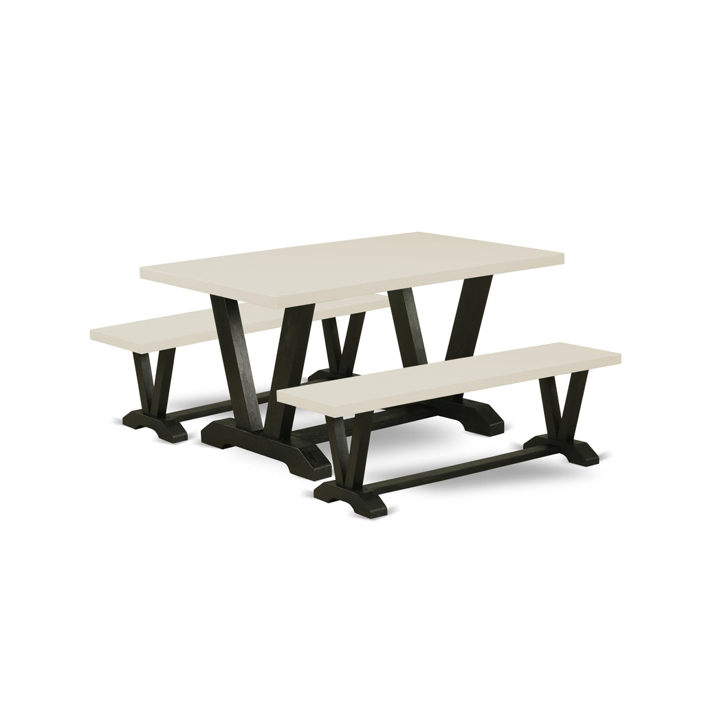 East West Furniture V2-626 3 Piece Kitchen Table & Chairs Set Contains a Rectangle Dining Room Table with V-Legs and 2 Dining Bench