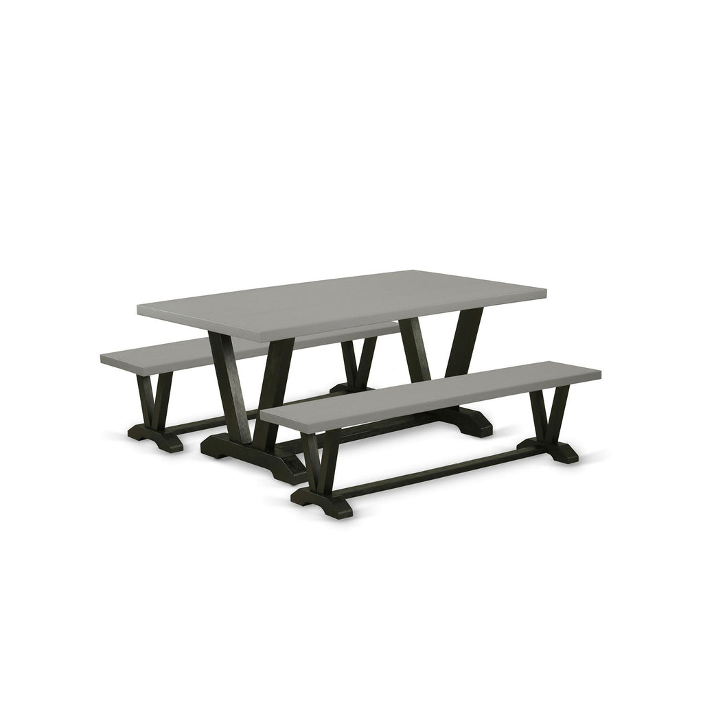 East West Furniture V2-697 3 Piece Dining Table Set for Small Spaces Contains a Rectangle Dining Room Table with V-Legs and 2 Kitchen Bench