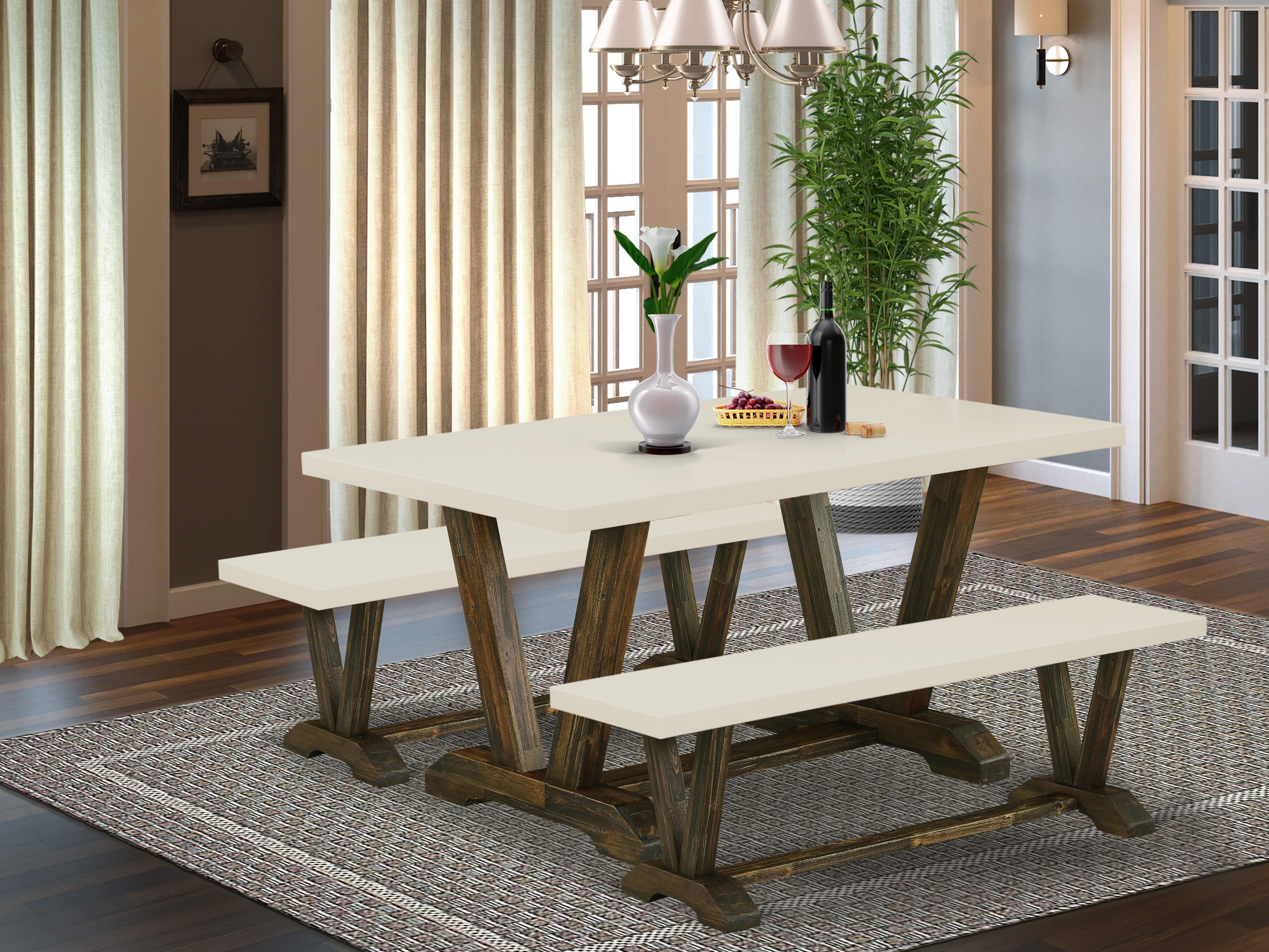 Juego de mesa de cocina de 3 piezas East West Furniture V2-726 para espacios pequeños. Contiene una mesa de comedor rectangular con patas en V y 2 bancos de comedor.