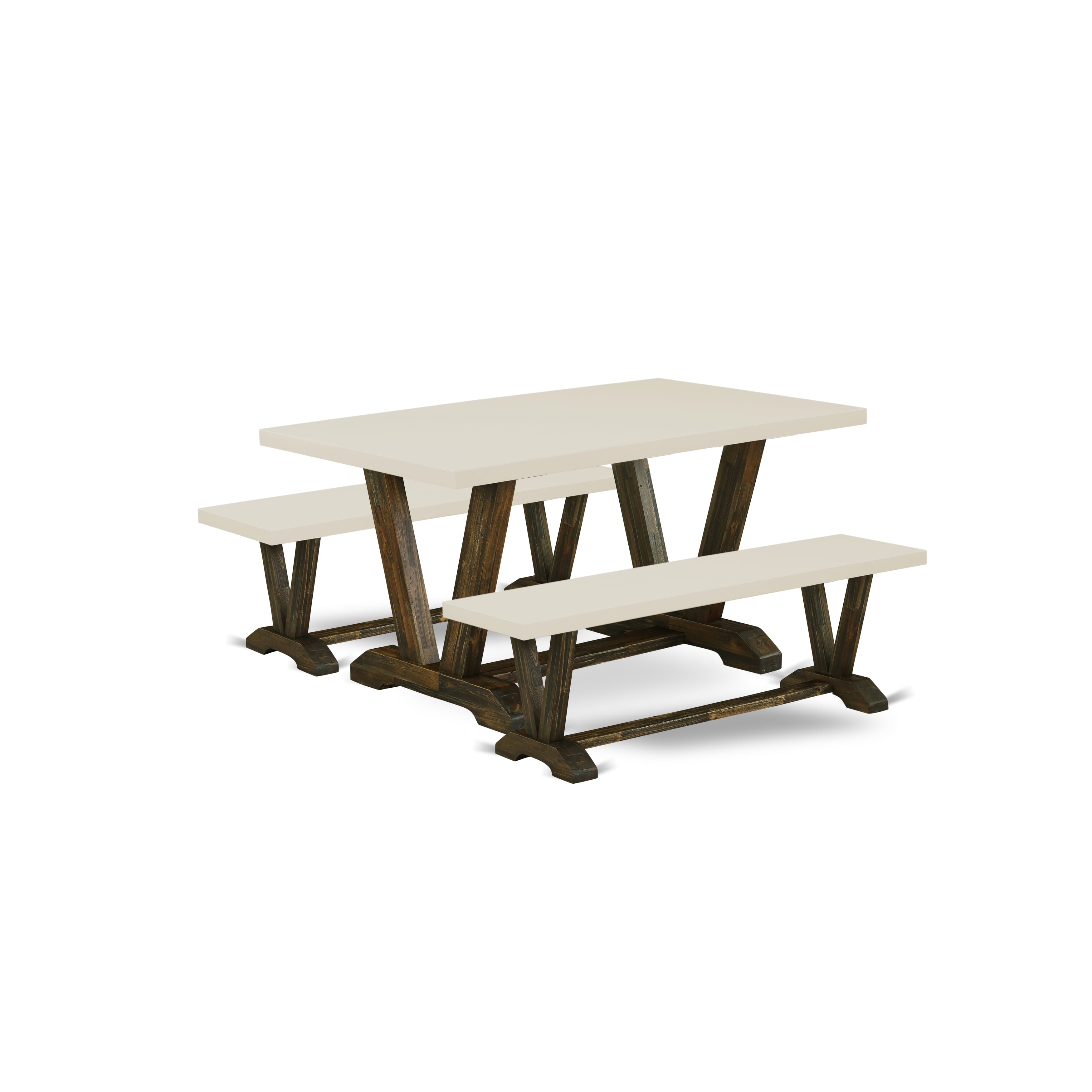 Juego de mesa de cocina de 3 piezas East West Furniture V2-726 para espacios pequeños. Contiene una mesa de comedor rectangular con patas en V y 2 bancos de comedor.