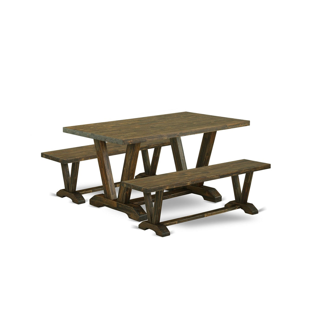 Juego de comedor de 3 piezas East West Furniture V2-776 para espacios pequeños. Contiene una mesa de comedor rectangular con patas en V y 2 bancos de mesa de comedor.
