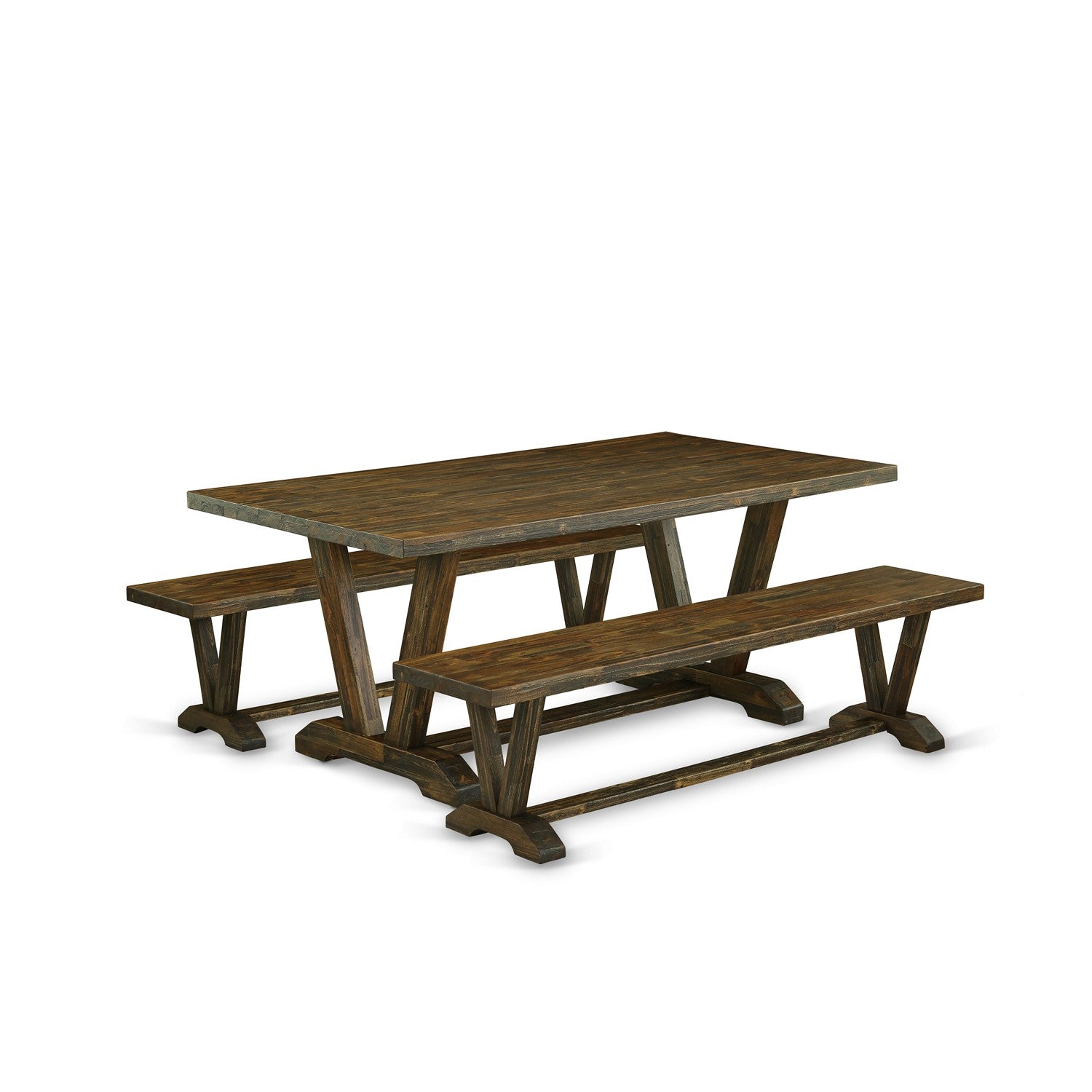 Juego de comedor de 3 piezas East West Furniture V2-777 que incluye una mesa de comedor rectangular con patas en V y 2 bancos de cocina.