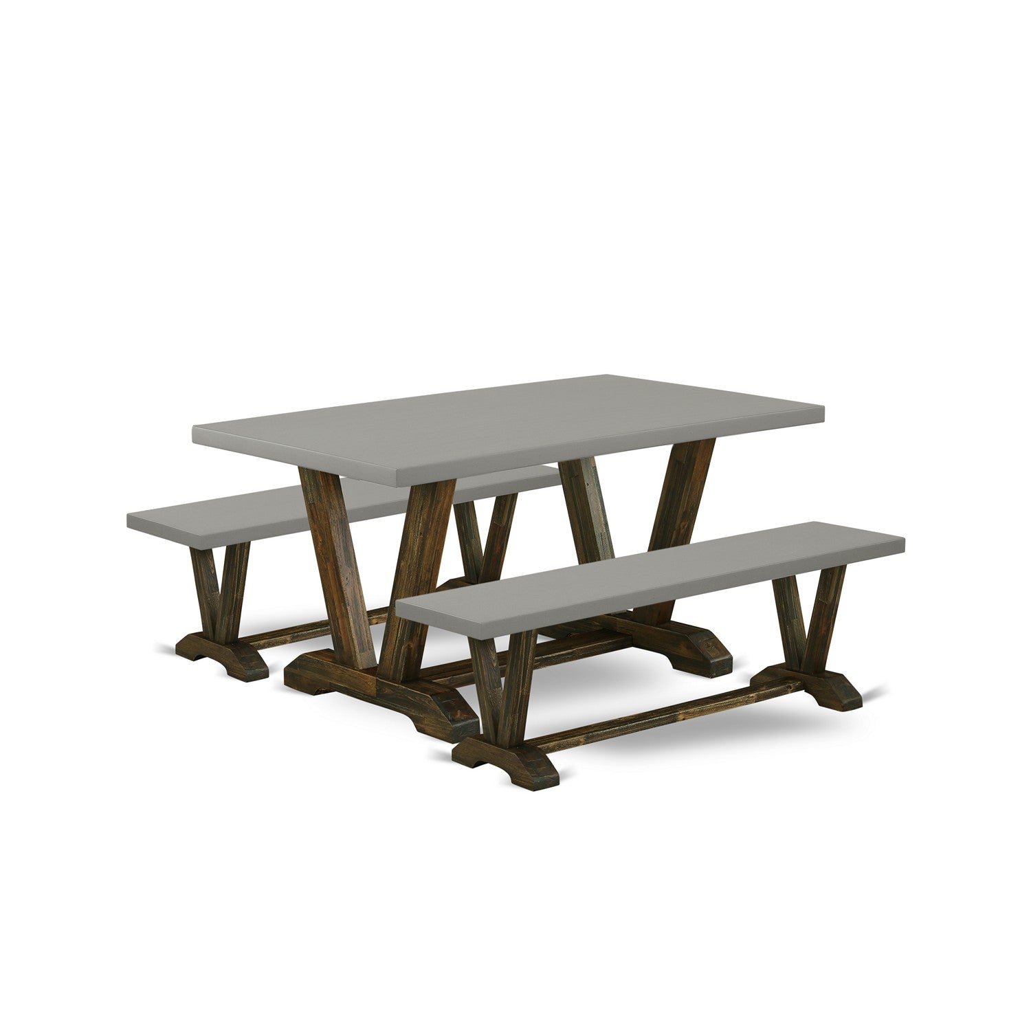 East West Furniture V2-796 3 Piece Kitchen Table Set - 1 Dining Room Table and 2 Dining Bench - Reliable and Sturdy Constructed - Cement Table top and Distressed Jacobean base Finish