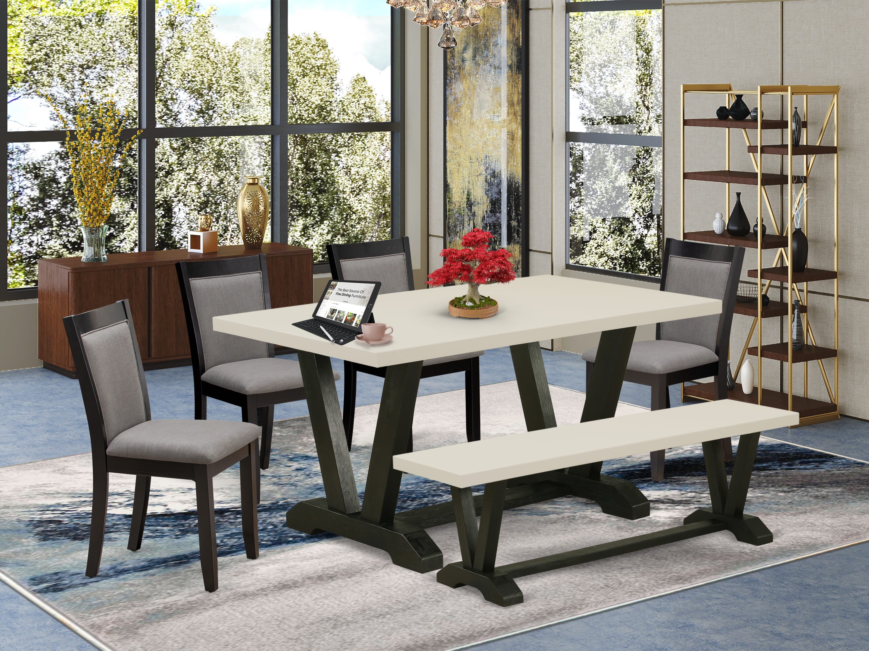 EAST WEST FURNITURE - V626MZ150-6 - 6-Pc Kitchen Dining Set - 4 Parson Chairs, a Dining Bench and 1 Dining Table (Wire Brushed Black Finish)