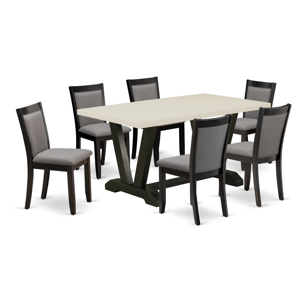 V626MZ150-7 Juego de comedor de 7 piezas: mesa rectangular de 36 x 60 y 6 sillas Parson, acabado en negro cepillado y blanco lino.