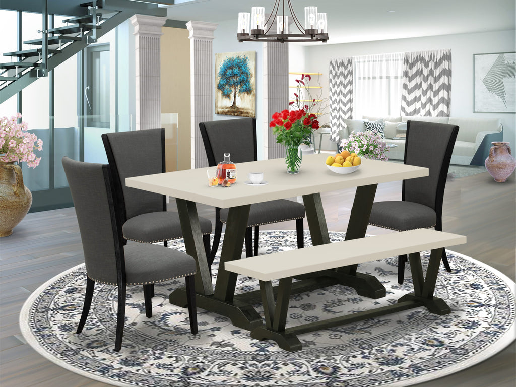 East West Furniture V626VE650-6 6 Piece Kitchen Table Set Contains a Rectangle Dining Table with V-Legs and 4 Dark Gotham Linen Fabric Parson Chairs with a Bench, 36x60 Inch, Multi-Color