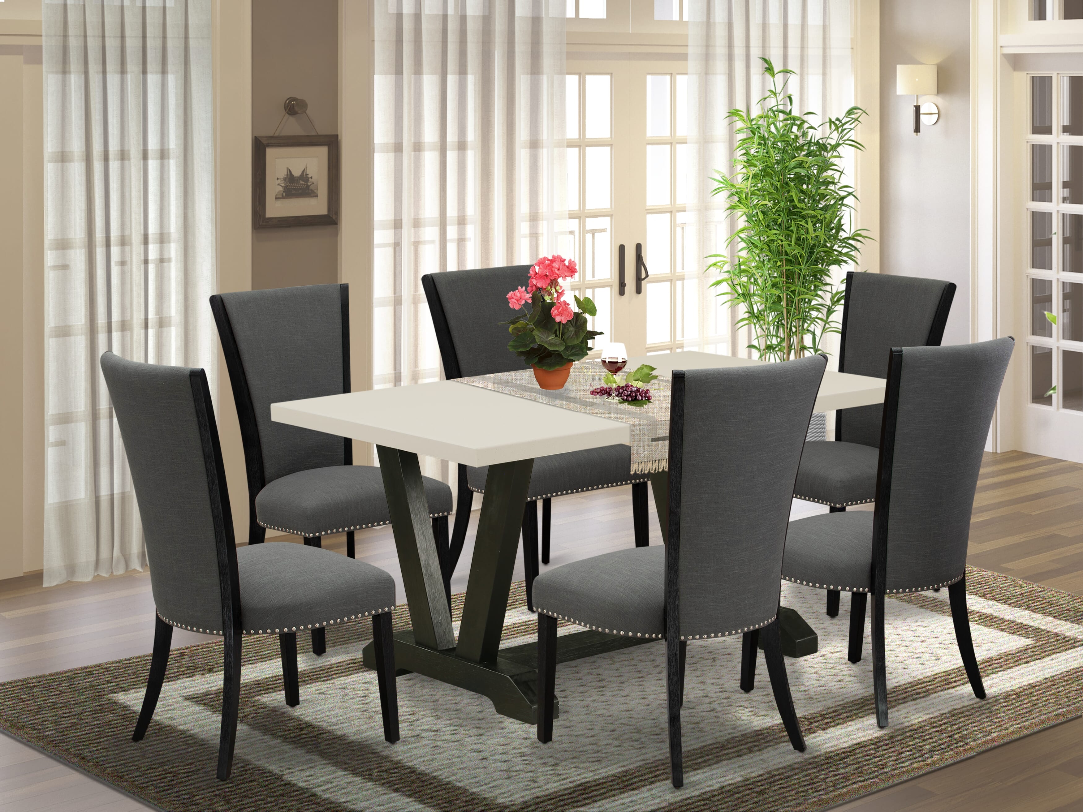 East West Furniture V626VE650-7 7 Piece Dining Room Table Set Consists of a linen white Wooden Table and 6 Dark Gotham Grey Linen Fabric Dining Chairs with High Back - Wire Brushed Black Finish