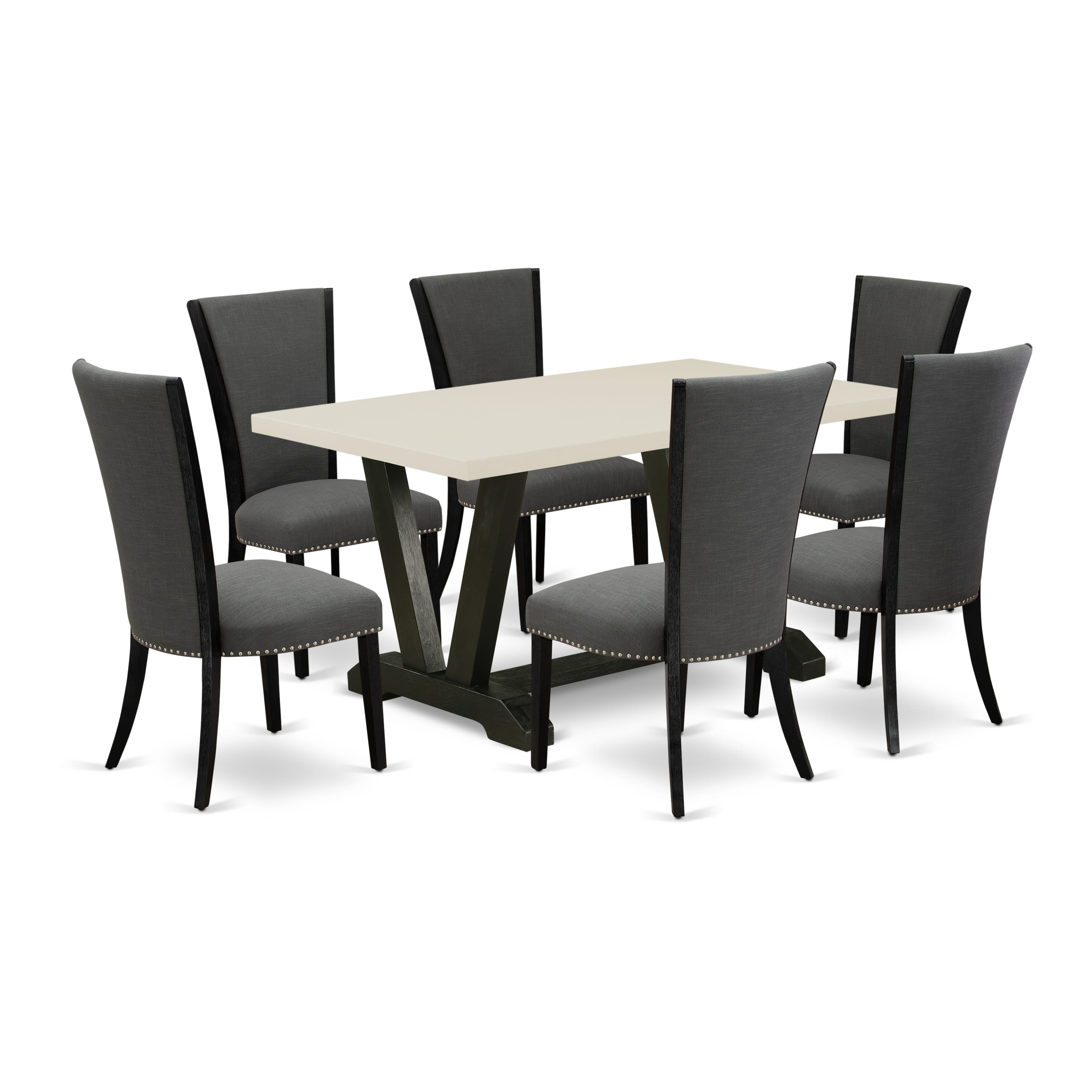 East West Furniture V626VE650-7 7 Piece Dining Room Table Set Consists of a linen white Wooden Table and 6 Dark Gotham Grey Linen Fabric Dining Chairs with High Back - Wire Brushed Black Finish