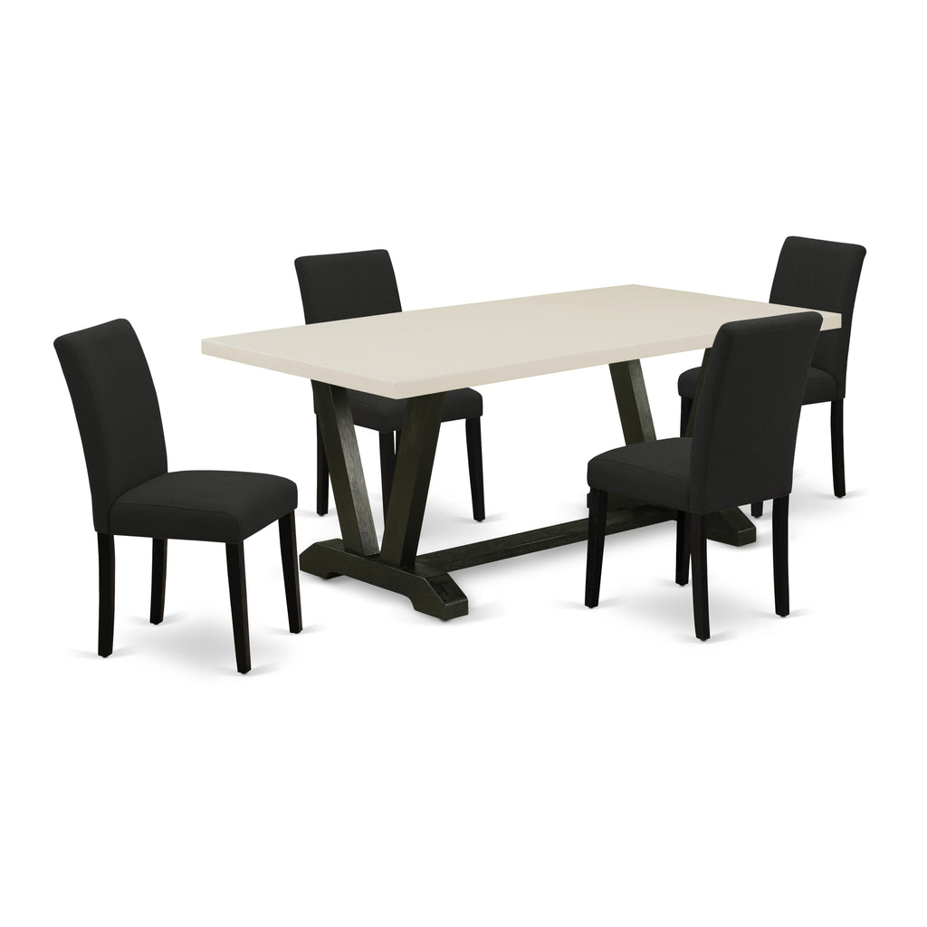 East West Furniture V627AB624-5 5 Piece Dining Set Includes a Rectangle Dining Room Table with V-Legs and 4 Black Color Linen Fabric Upholstered Parson Chairs, 40x72 Inch, Multi-Color