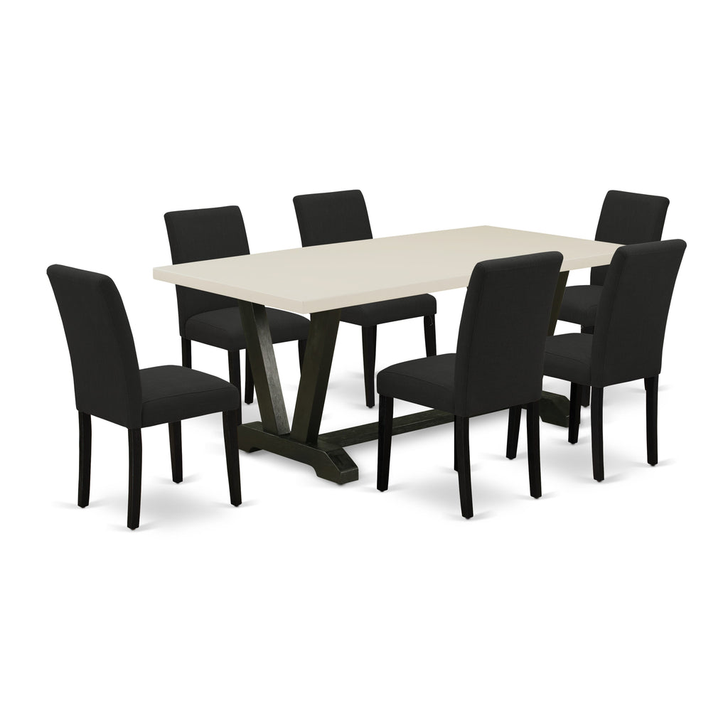 East West Furniture V627AB624-7 7 Piece Modern Dining Table Set Consist of a Rectangle Wooden Table with V-Legs and 6 Black Color Linen Fabric Parsons Dining Chairs, 40x72 Inch, Multi-Color
