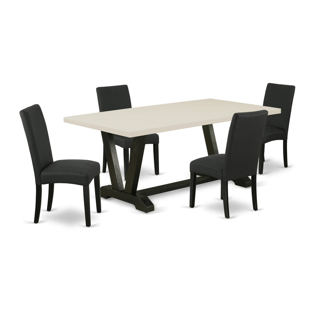 East West Furniture V627DR124-5 5 Piece Dining Room Table Set Includes a Rectangle Kitchen Table with V-Legs and 4 Black Color Linen Fabric Parson Dining Chairs, 40x72 Inch, Multi-Color