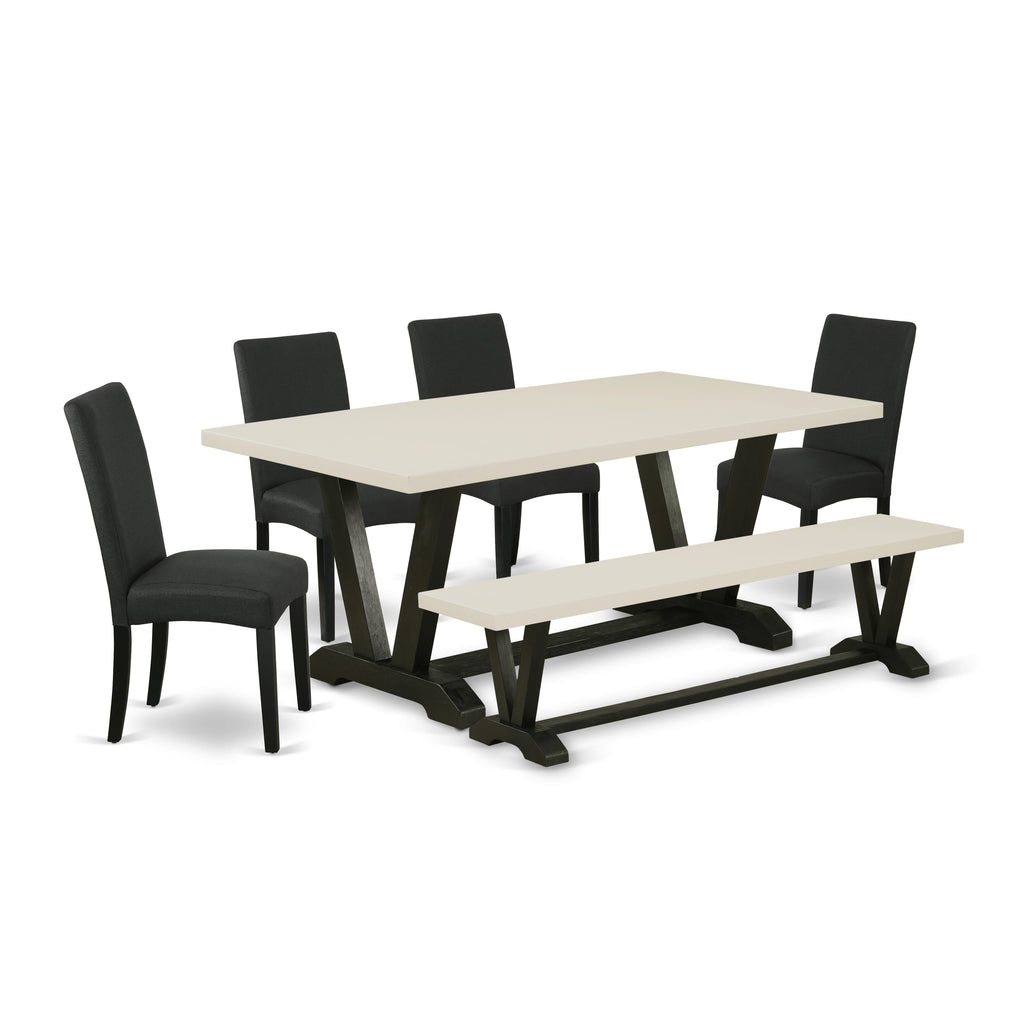 East West Furniture V627DR124-6 6 Piece Dinette Set Contains a Rectangle Dining Table with V-Legs and 4 Black Color Linen Fabric Parson Chairs with a Bench, 40x72 Inch, Multi-Color