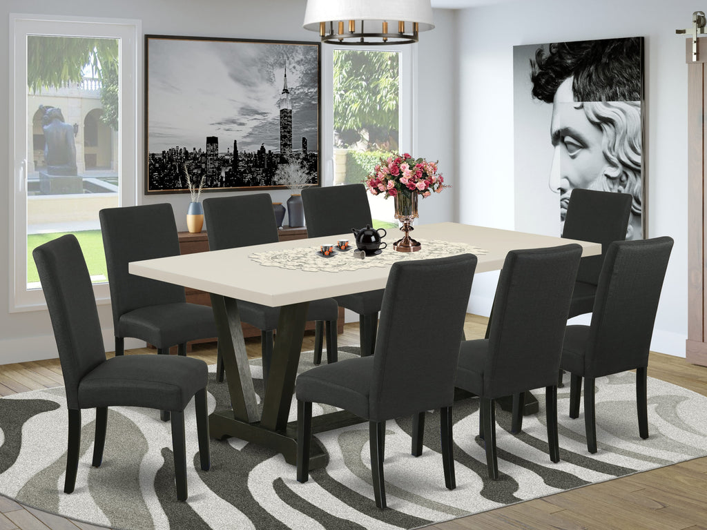 East West Furniture V627DR124-9 9 Piece Dining Set Includes a Rectangle Dining Room Table with V-Legs and 8 Black Color Linen Fabric Upholstered Parson Chairs, 40x72 Inch, Multi-Color