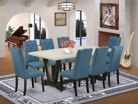 East West Furniture V627EL121-9 9 Piece Dining Table Set Includes a Rectangle Dining Room Table with V-Legs and 8 Blue Linen Fabric Upholstered Parson Chairs, 40x72 Inch, Multi-Color