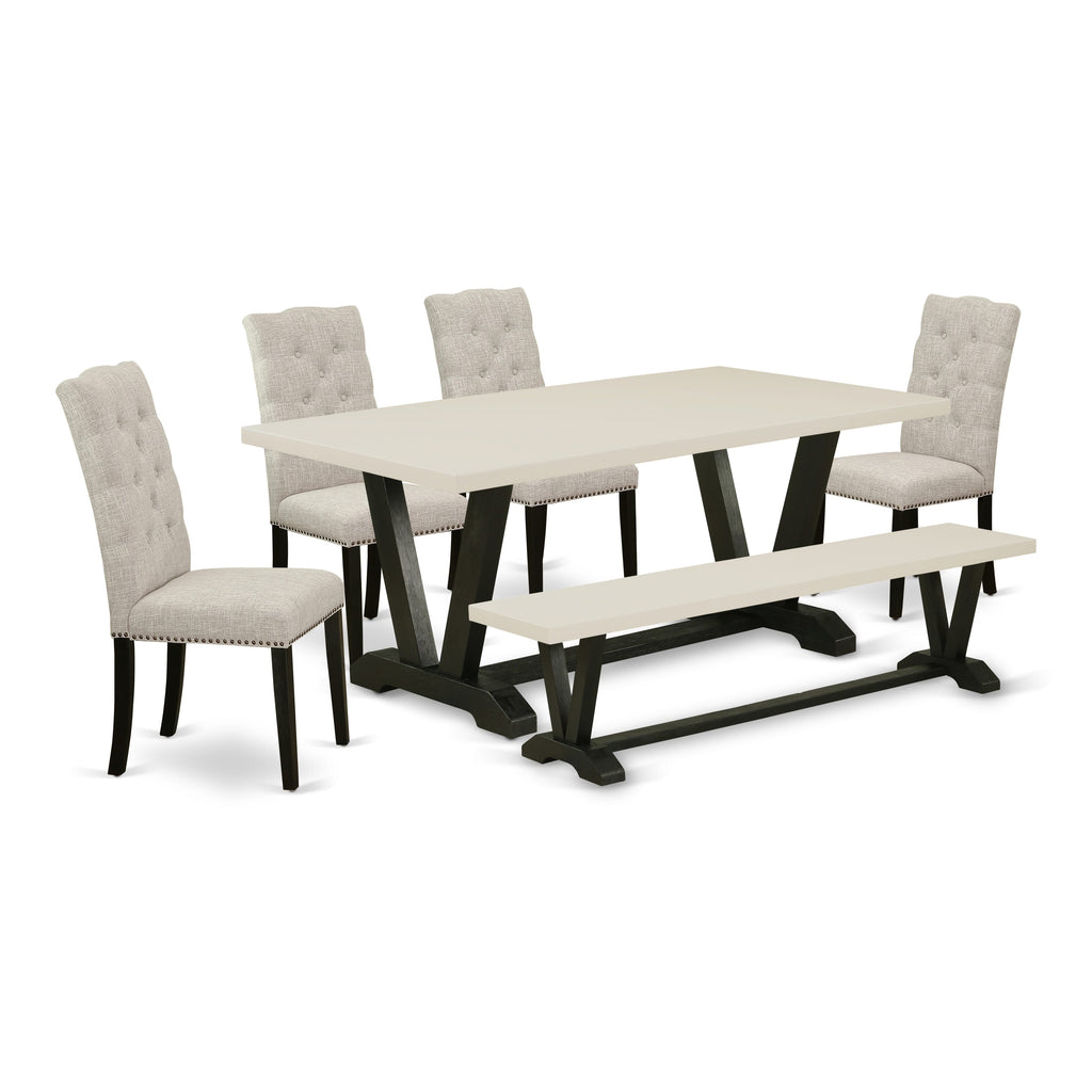 East West Furniture V627EL635-6 6 Piece Dining Table Set Contains a Rectangle Dining Room Table with V-Legs and 4 Doeskin Linen Fabric Parson Chairs with a Bench, 40x72 Inch, Multi-Color