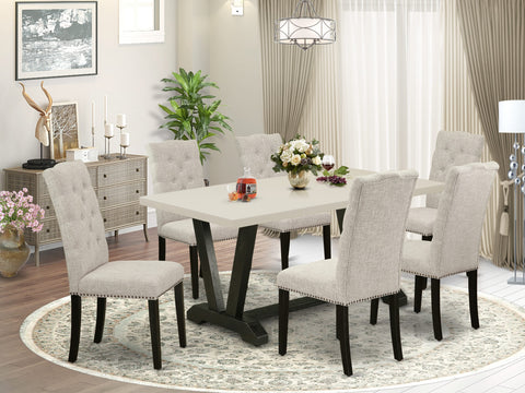 East West Furniture V627EL635-7 7 Piece Kitchen Table Set Consist of a Rectangle Dining Table with V-Legs and 6 Doeskin Linen Fabric Parson Dining Room Chairs, 40x72 Inch, Multi-Color
