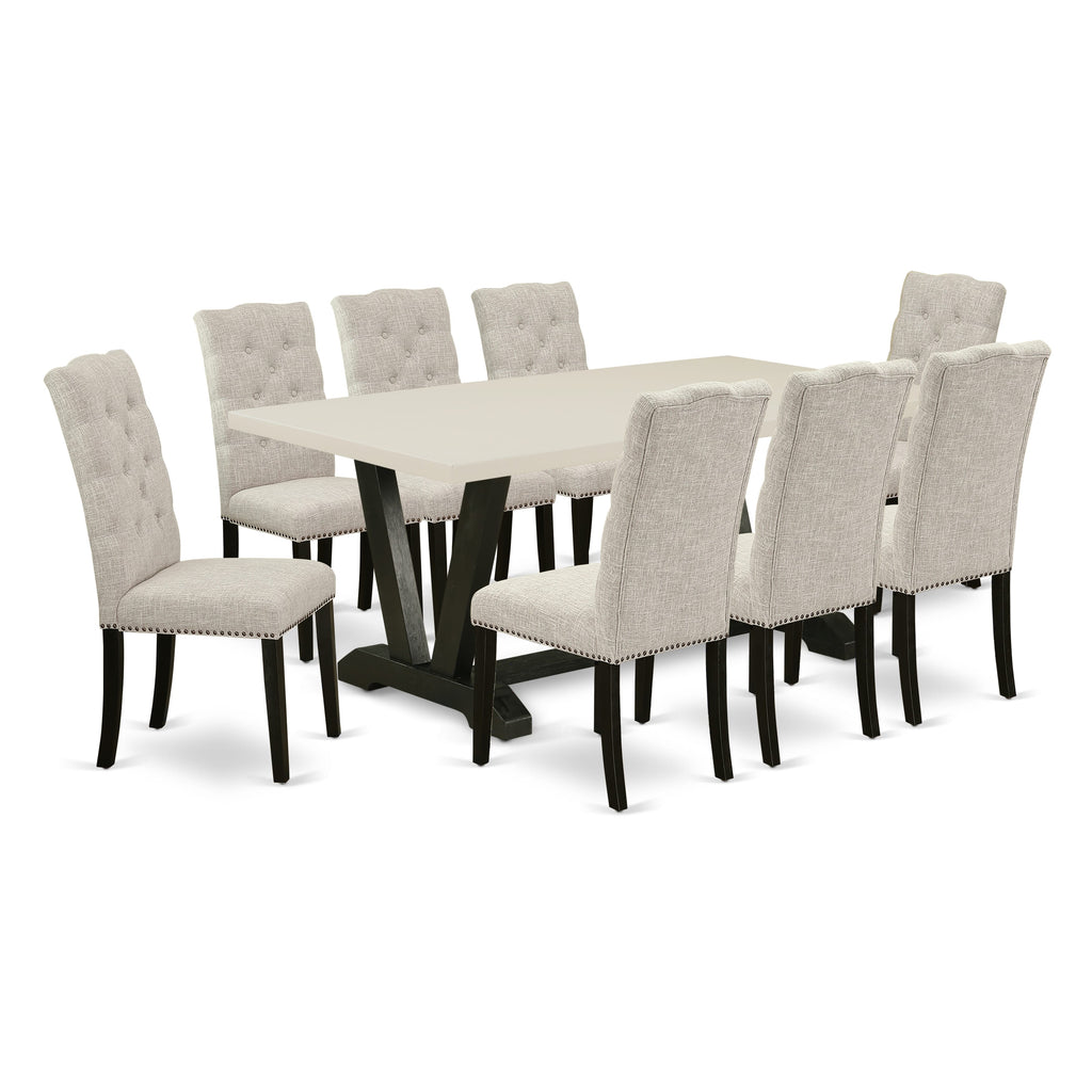 East West Furniture V627EL635-9 9 Piece Dining Table Set Includes a Rectangle Kitchen Table with V-Legs and 8 Doeskin Linen Fabric Parson Dining Room Chairs, 40x72 Inch, Multi-Color