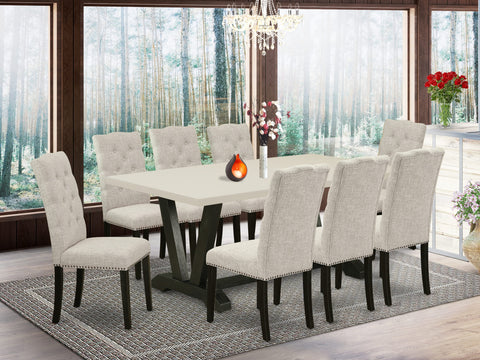 East West Furniture V627EL635-9 9 Piece Dining Table Set Includes a Rectangle Kitchen Table with V-Legs and 8 Doeskin Linen Fabric Parson Dining Room Chairs, 40x72 Inch, Multi-Color