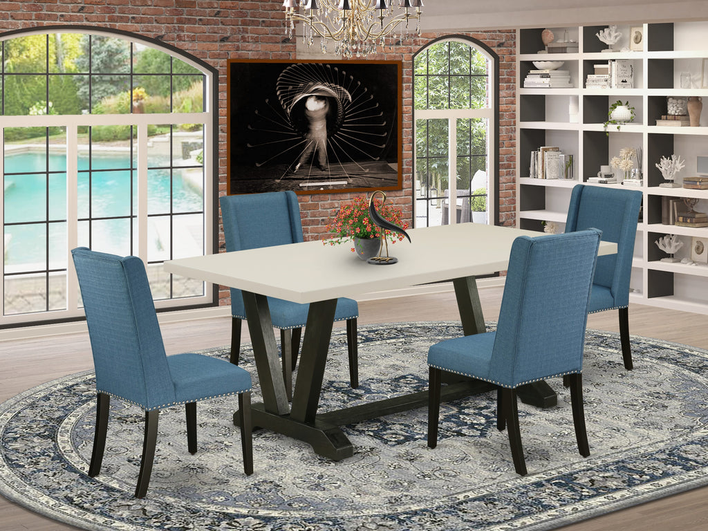 East West Furniture V627FL121-5 5 Piece Dining Table Set for 4 Includes a Rectangle Kitchen Table with V-Legs and 4 Blue Linen Fabric Upholstered Chairs, 40x72 Inch, Multi-Color