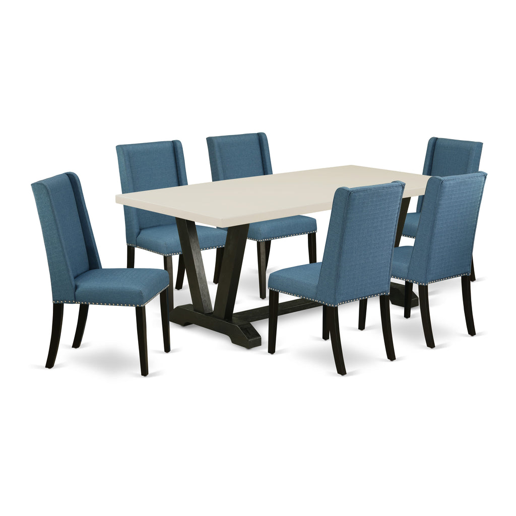 East West Furniture V627FL121-7 7 Piece Kitchen Table & Chairs Set Consist of a Rectangle Dining Room Table with V-Legs and 6 Blue Linen Fabric Parsons Chairs, 40x72 Inch, Multi-Color
