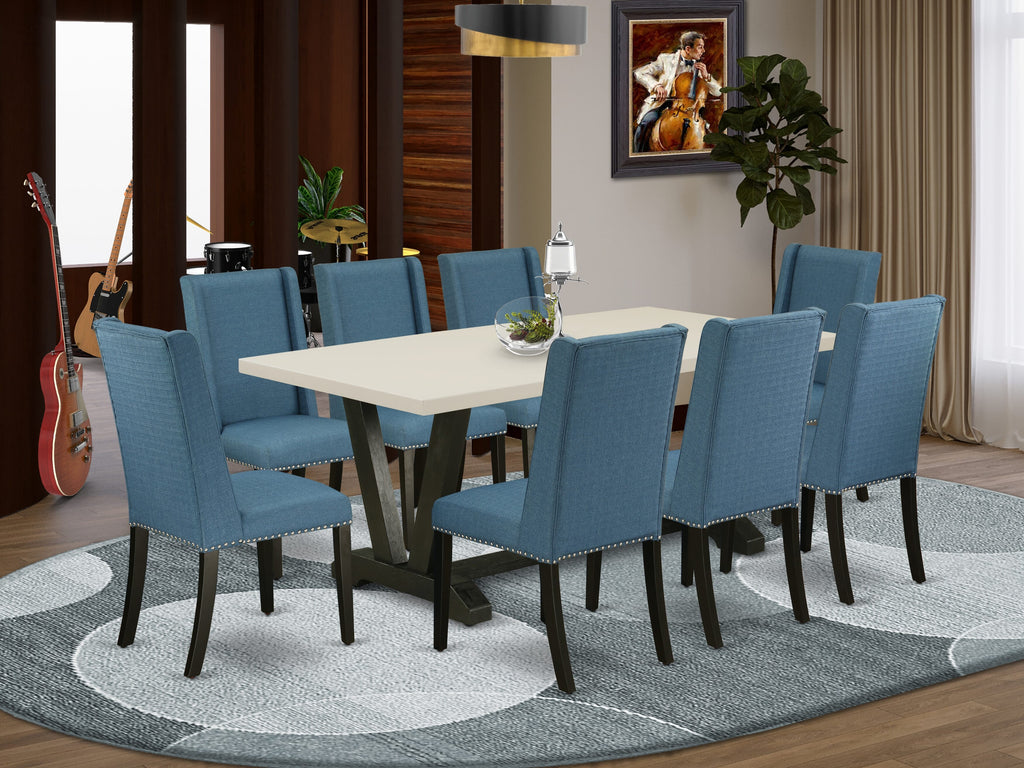East West Furniture V627FL121-9 9 Piece Dining Table Set Includes a Rectangle Dining Room Table with V-Legs and 8 Blue Linen Fabric Parsons Chairs, 40x72 Inch, Multi-Color