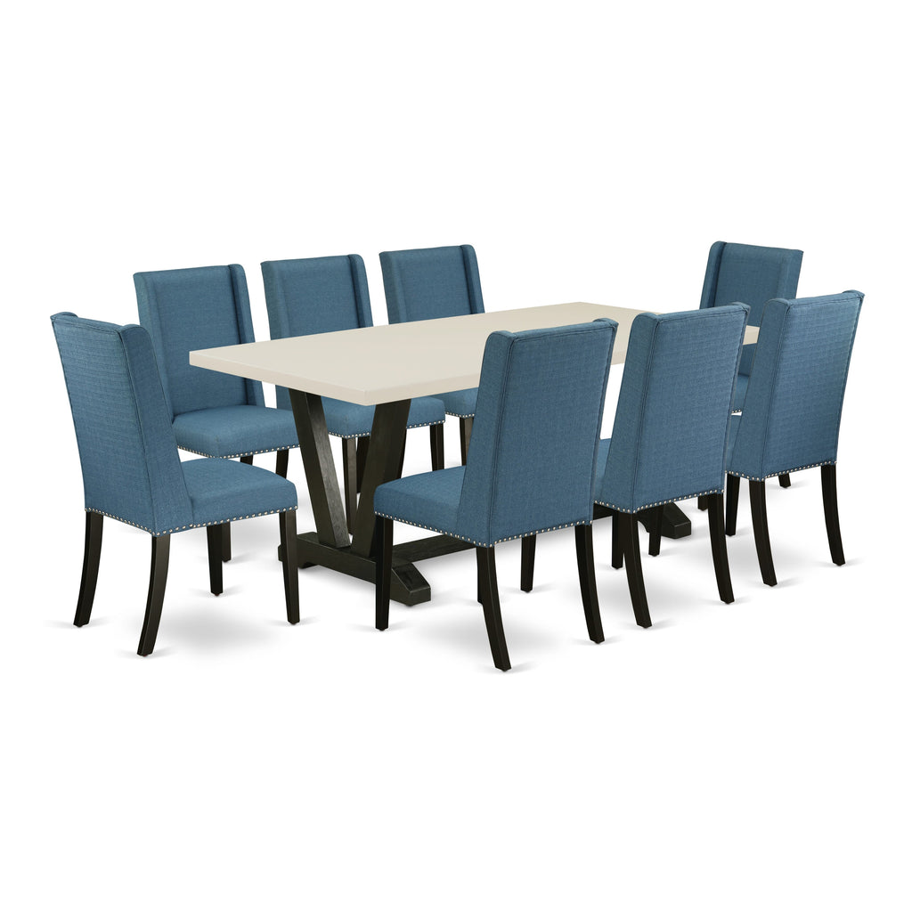 East West Furniture V627FL121-9 9 Piece Dining Table Set Includes a Rectangle Dining Room Table with V-Legs and 8 Blue Linen Fabric Parsons Chairs, 40x72 Inch, Multi-Color