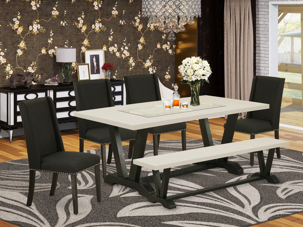 East West Furniture V627FL624-6 6 Piece Dining Room Table Set Contains a Rectangle Kitchen Table with V-Legs and 4 Black Linen Fabric Parson Chairs with a Bench, 40x72 Inch, Multi-Color