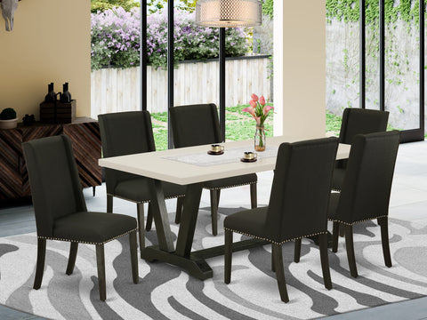 East West Furniture V627FL624-7 7 Piece Modern Dining Table Set Consist of a Rectangle Wooden Table with V-Legs and 6 Black Linen Fabric Parson Dining Chairs, 40x72 Inch, Multi-Color