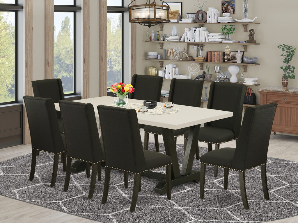 East West Furniture V627FL624-9 9 Piece Dining Set Includes a Rectangle Dining Room Table with V-Legs and 8 Black Linen Fabric Upholstered Parson Chairs, 40x72 Inch, Multi-Color