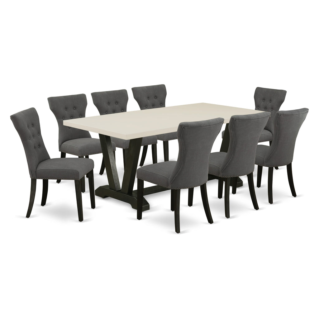 East West Furniture V627GA650-9 9 Piece Dining Table Set Includes a Rectangle Dining Room Table with V-Legs and 8 Dark Gotham Linen Fabric Parsons Chairs, 40x72 Inch, Multi-Color