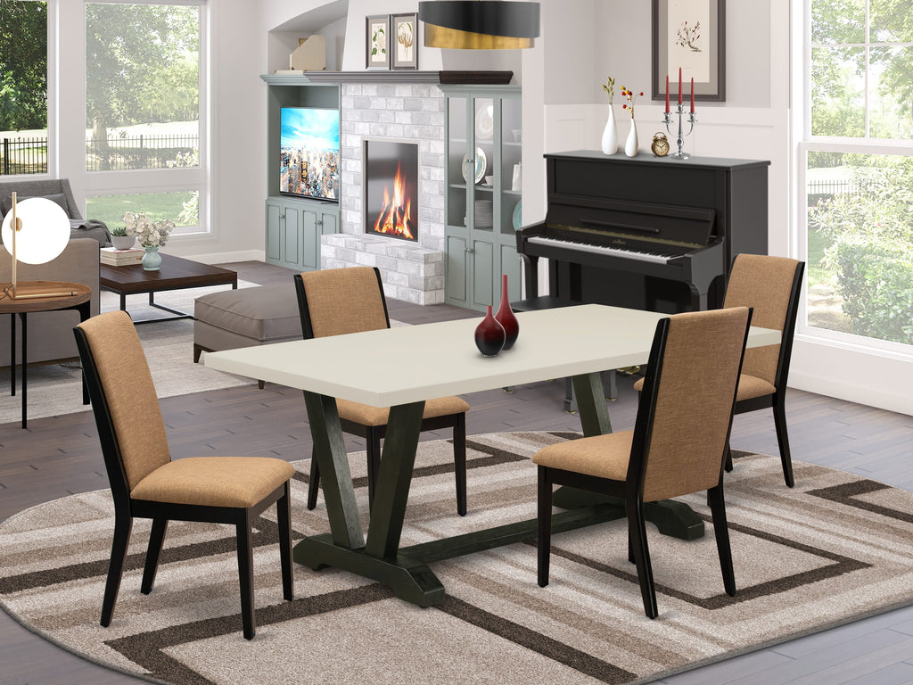 East West Furniture V627LA147-5 5 Piece Dining Table Set Includes a Rectangle Dining Room Table with V-Legs and 4 Light Sable Linen Fabric Parsons Chairs, 40x72 Inch, Multi-Color