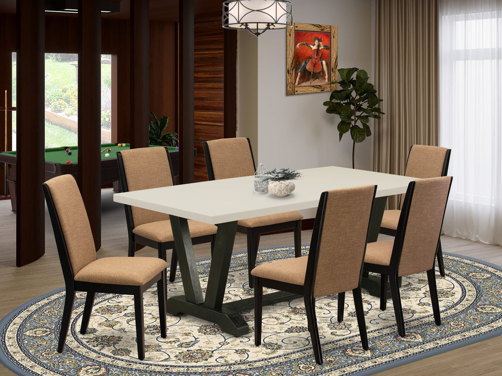 East West Furniture V627LA147-7 7 Piece Modern Dining Table Set Consist of a Rectangle Wooden Table with V-Legs and 6 Light Sable Linen Fabric Upholstered Chairs, 40x72 Inch, Multi-Color