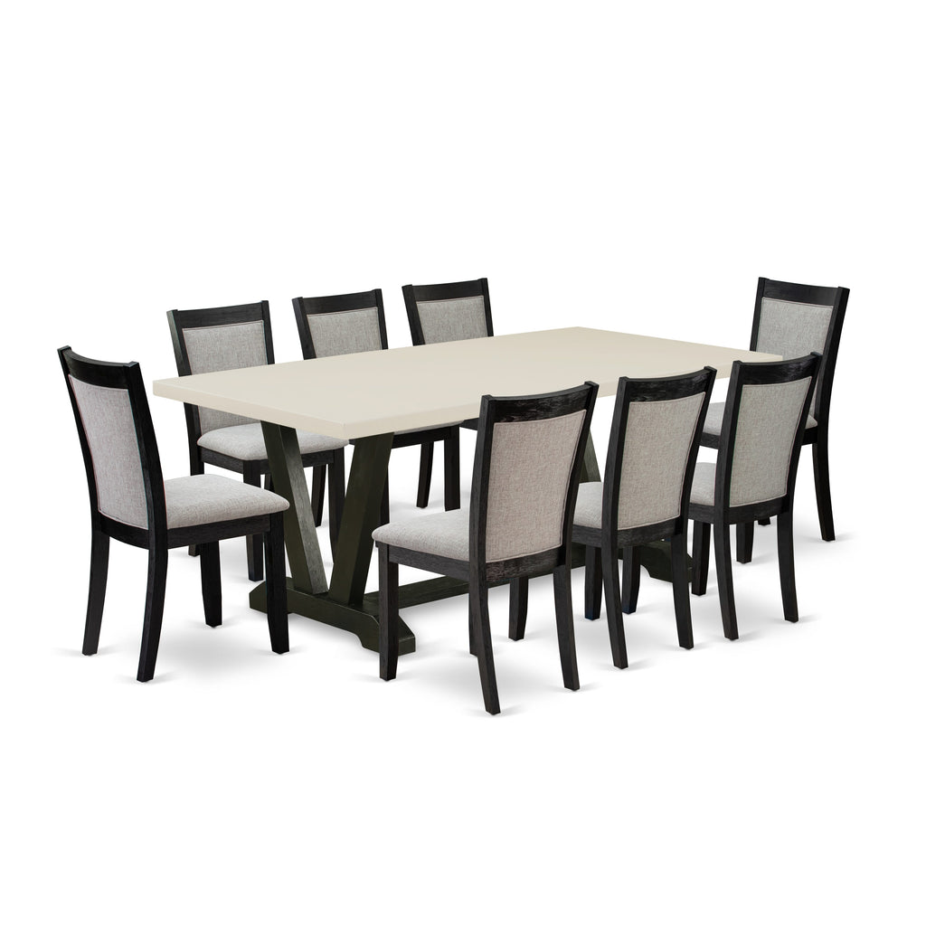 East West Furniture V627MZ650-9 9 Piece Kitchen Table Set Includes a Rectangle Dining Room Table with V-Legs and 8 Dark Gotham Grey Linen Fabric Parsons Chairs, 40x72 Inch, Multi-Color