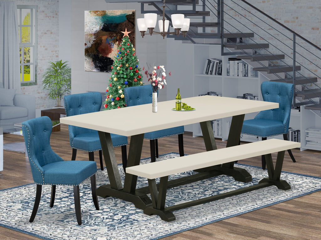 East West Furniture V627SI121-6 6 Piece Dining Table Set Contains a Rectangle Dining Room Table with V-Legs and 4 Blue Linen Fabric Parson Chairs with a Bench, 40x72 Inch, Multi-Color