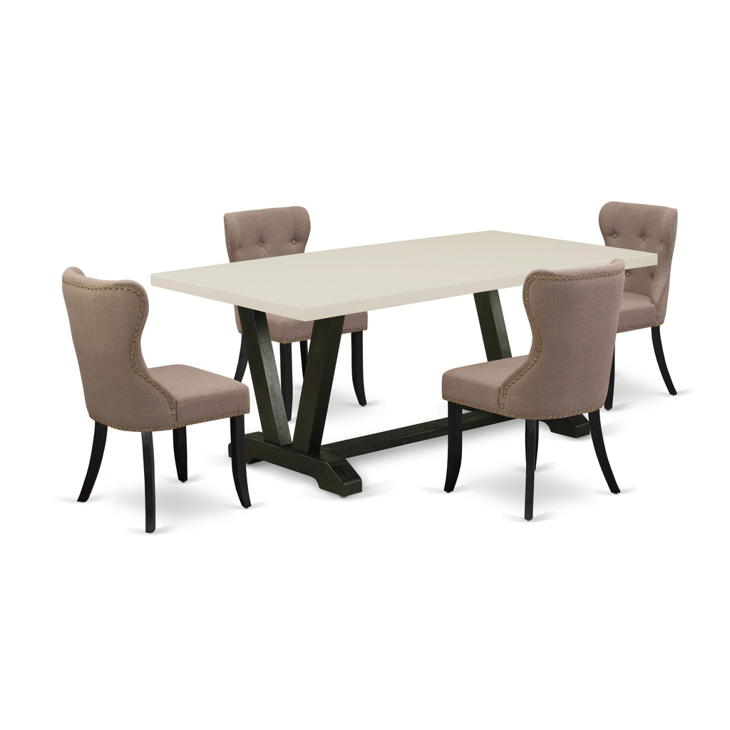 East West Furniture V627SI648-5 5 Piece Dining Room Furniture Set Includes a Rectangle Dining Table with V-Legs and 4 Coffee Linen Fabric Upholstered Chairs, 40x72 Inch, Multi-Color