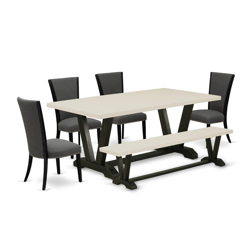 East West Furniture V627VE650-6 6 Piece Dining Table Set Contains a Rectangle Wooden Table with V-Legs and 4 Dark Gotham Linen Fabric Parson Chairs with a Bench, 40x72 Inch, Multi-Color