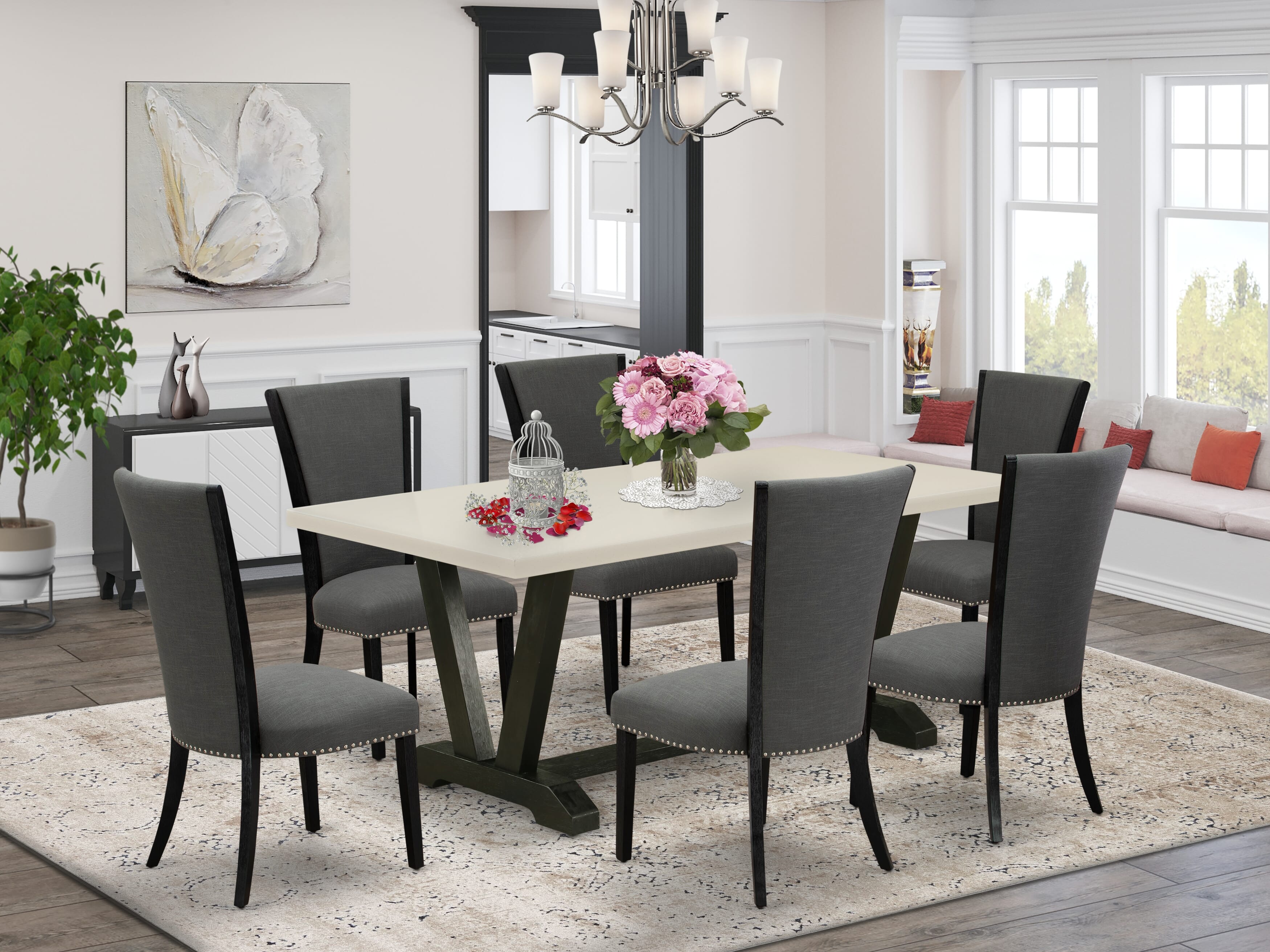 East West Furniture V627VE650-7 7 Piece Modern Dining Set Consists of a linen white Dinning Table and 6 Dark Gotham Grey Linen Fabric Parson Chairs with High Back - Wire Brushed Black Finish