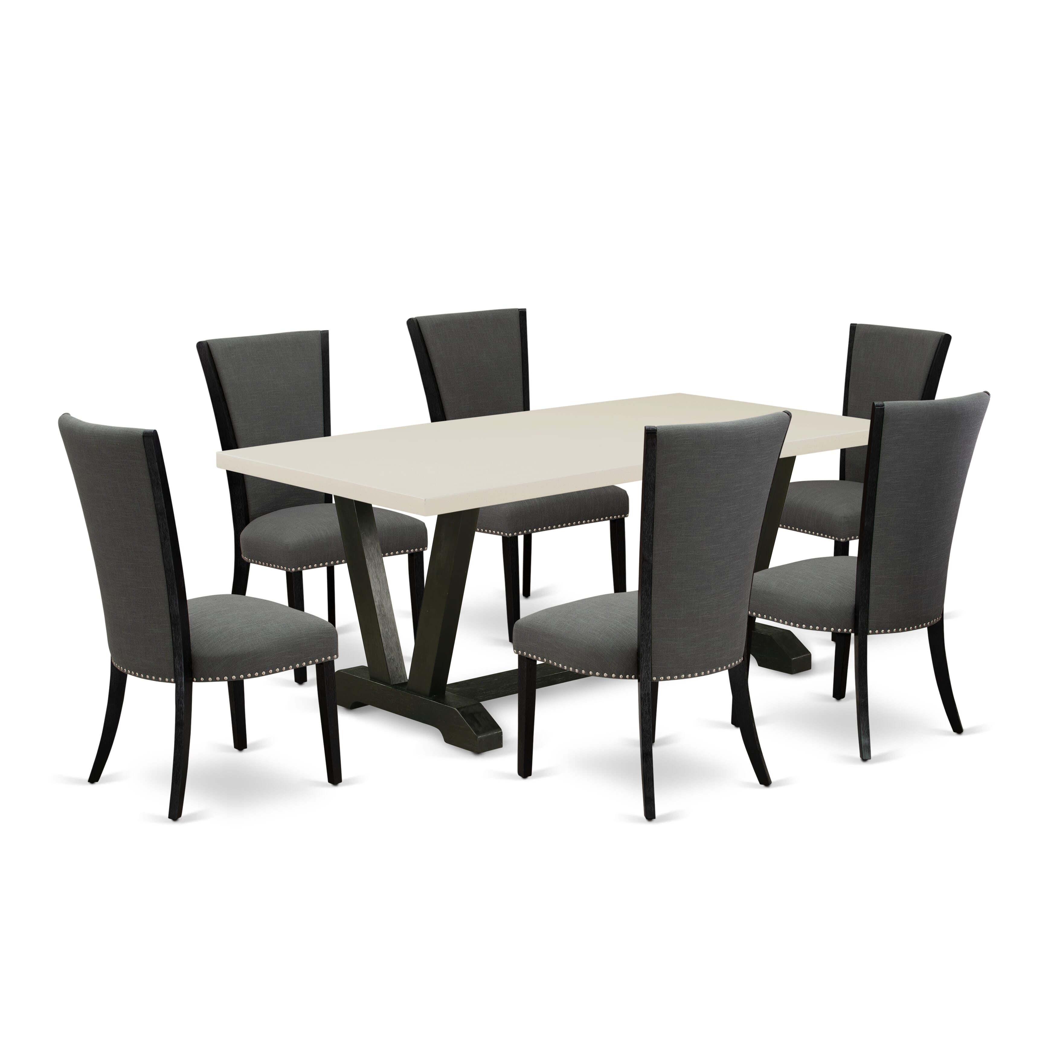 East West Furniture V627VE650-7 7 Piece Modern Dining Set Consists of a linen white Dinning Table and 6 Dark Gotham Grey Linen Fabric Parson Chairs with High Back - Wire Brushed Black Finish
